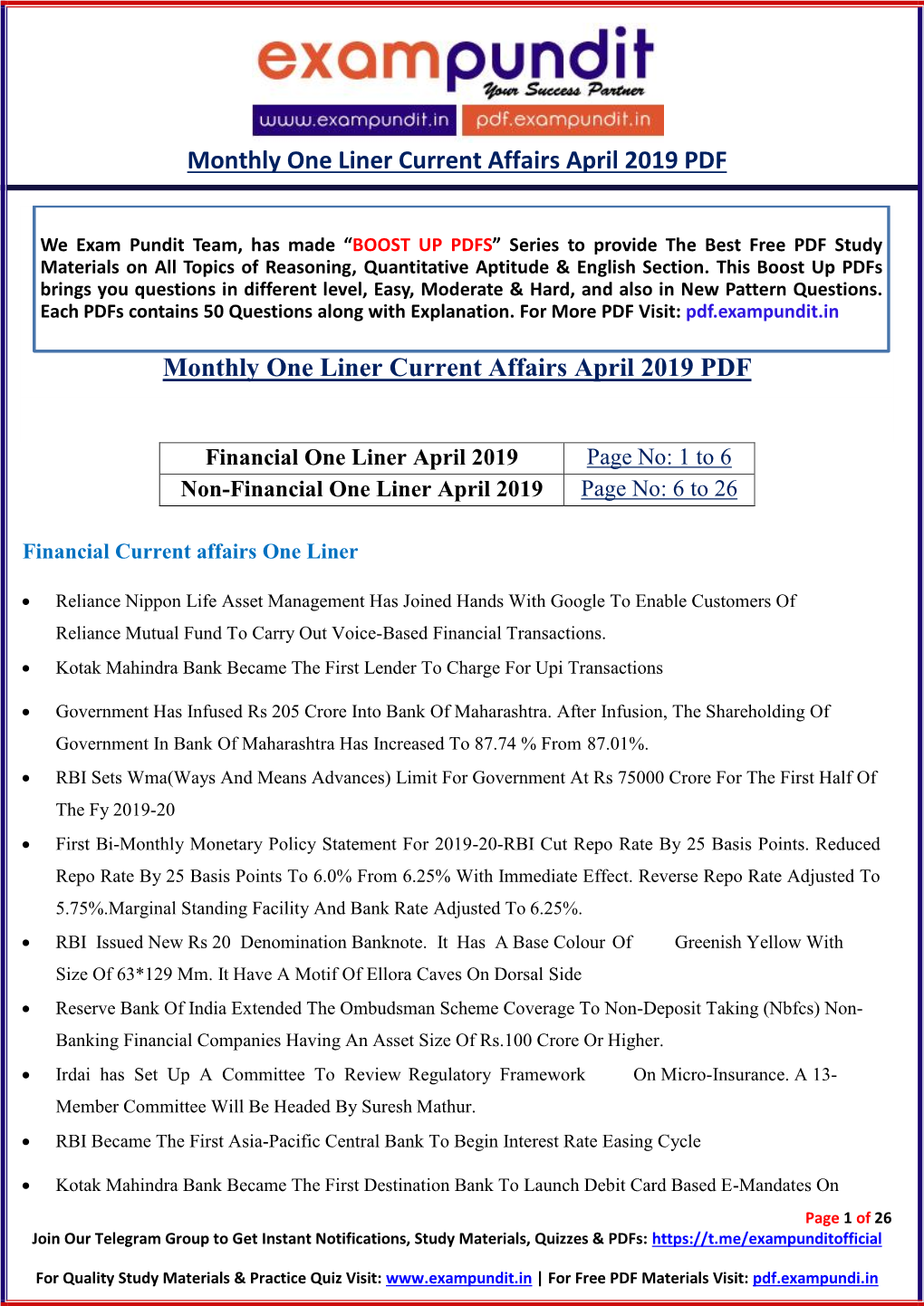 Monthly One Liner Current Affairs April 2019 PDF