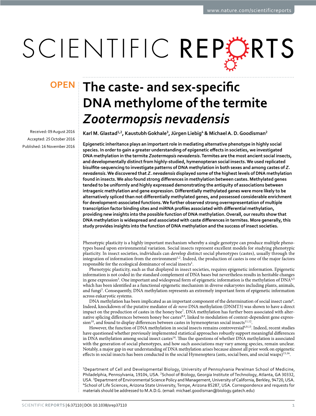 And Sex-Specific DNA Methylome of the Termite Zootermopsis Nevadensis Received: 09 August 2016 Karl M
