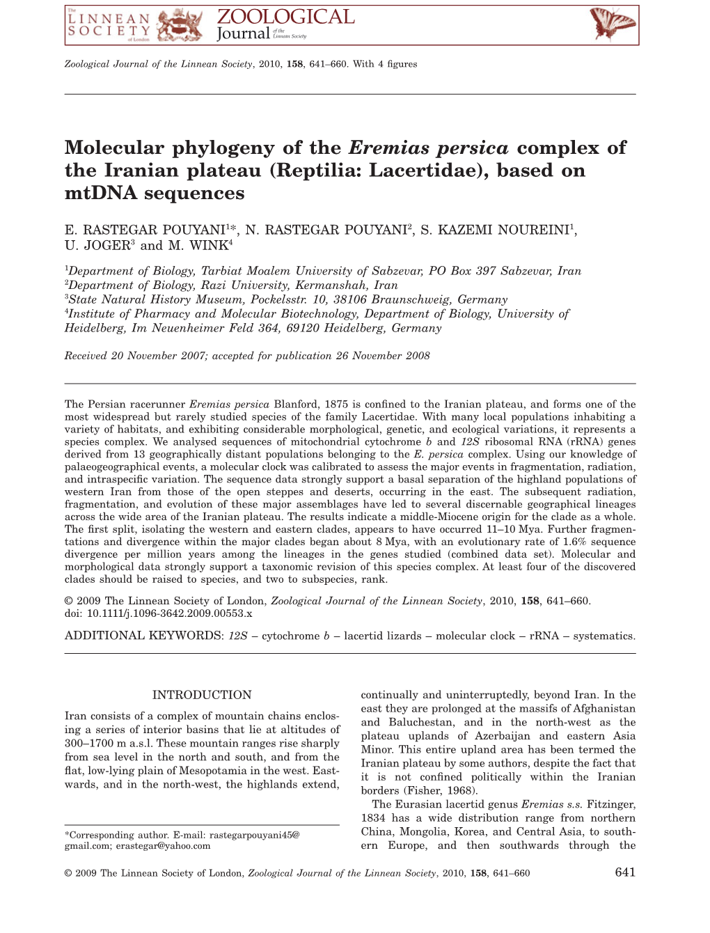 Molecular Phylogeny of the Eremias Persica Complex of the Iranian Plateau (Reptilia: Lacertidae), Based on Mtdna Sequences