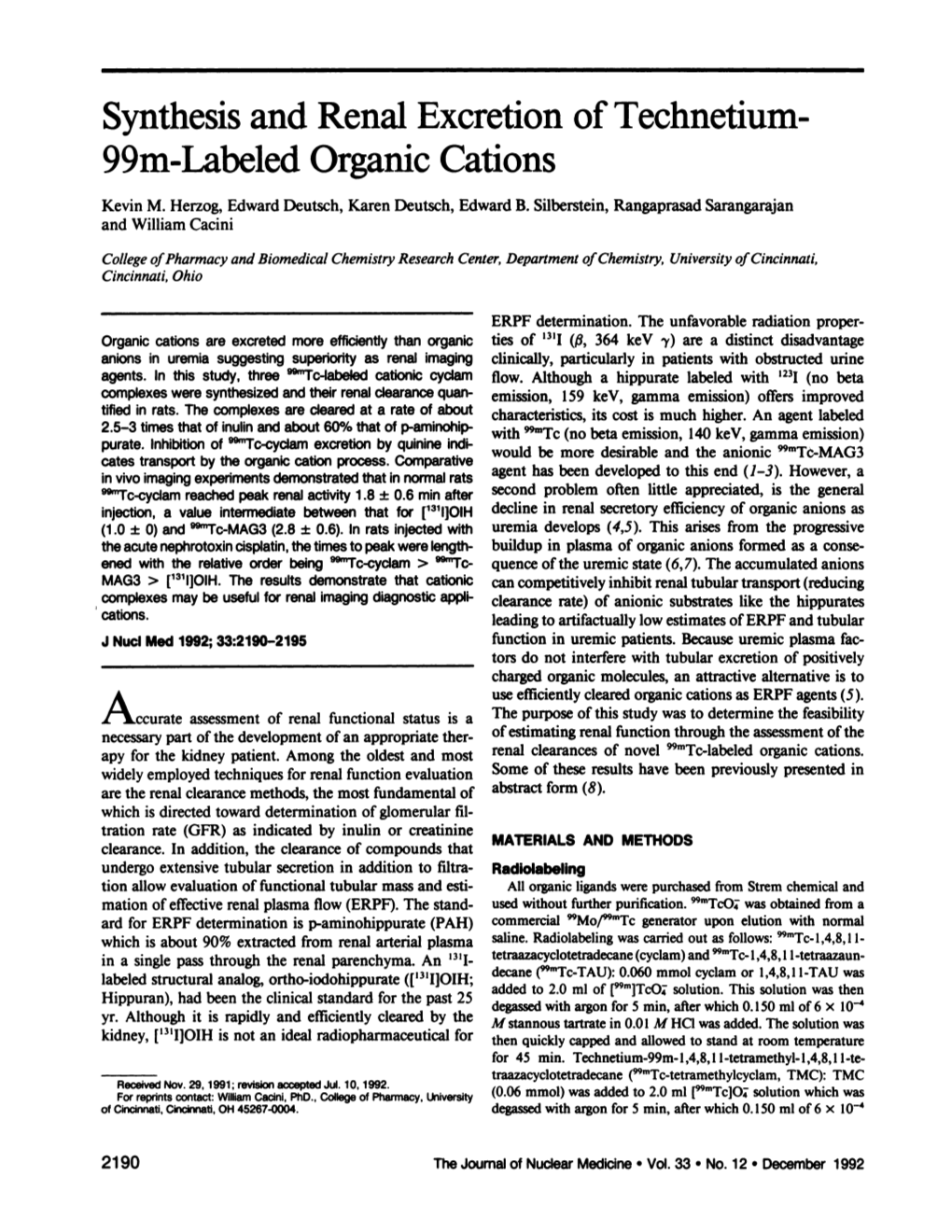 Synthesis and Renal Excretion of Technetium 99M-Labeled Organic Cations