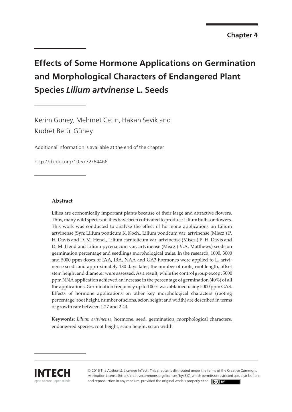 Effects of Some Hormone Applications on Germination and Morphological Characters of Endangered Plant Species Lilium Artvinense L