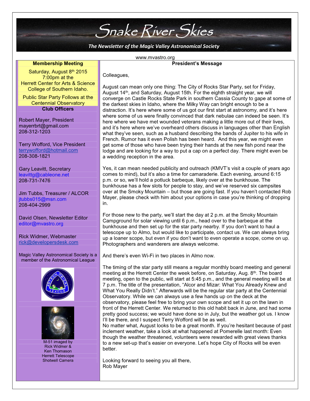 Snake River Skies the Newsletter of the Magic Valley Astronomical Society