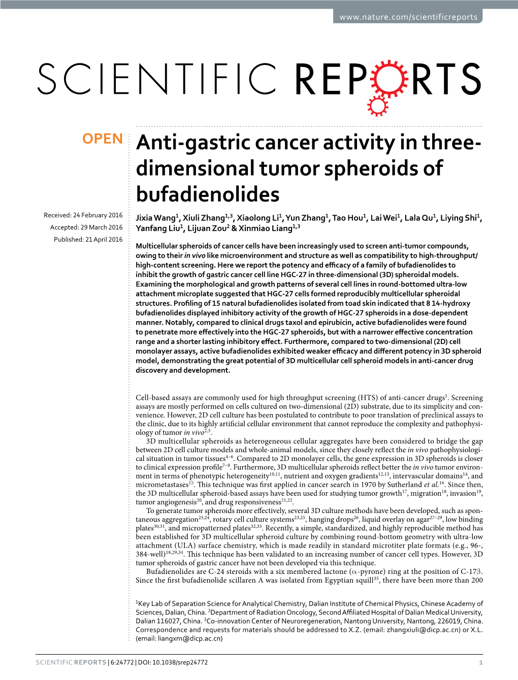 Anti-Gastric Cancer Activity in Three-Dimensional Tumor Spheroids of Bufadienolides