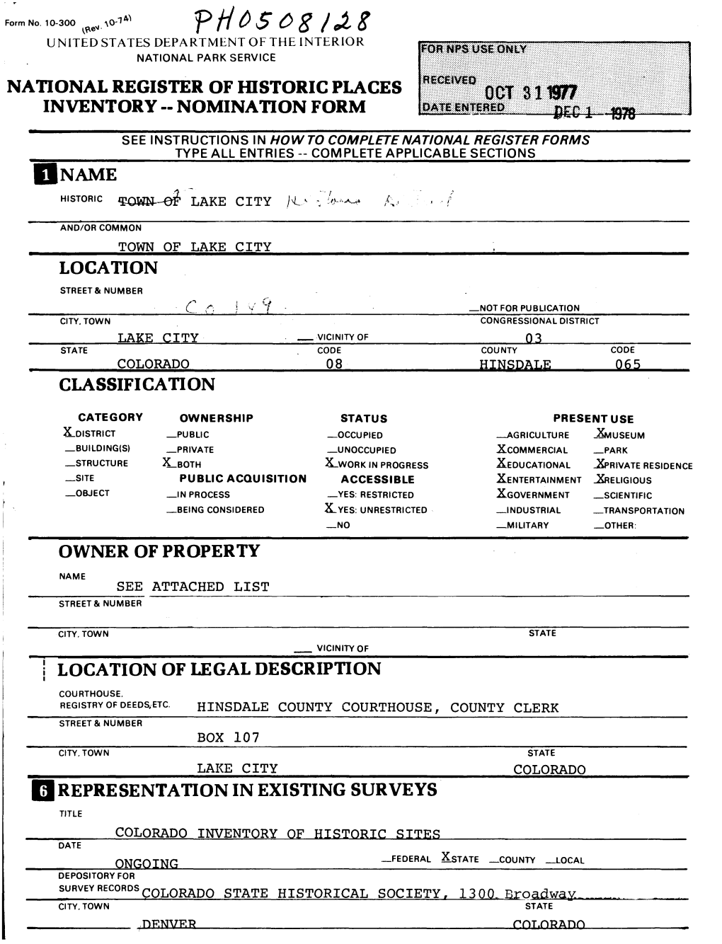Nomination Form Location Owner of Property