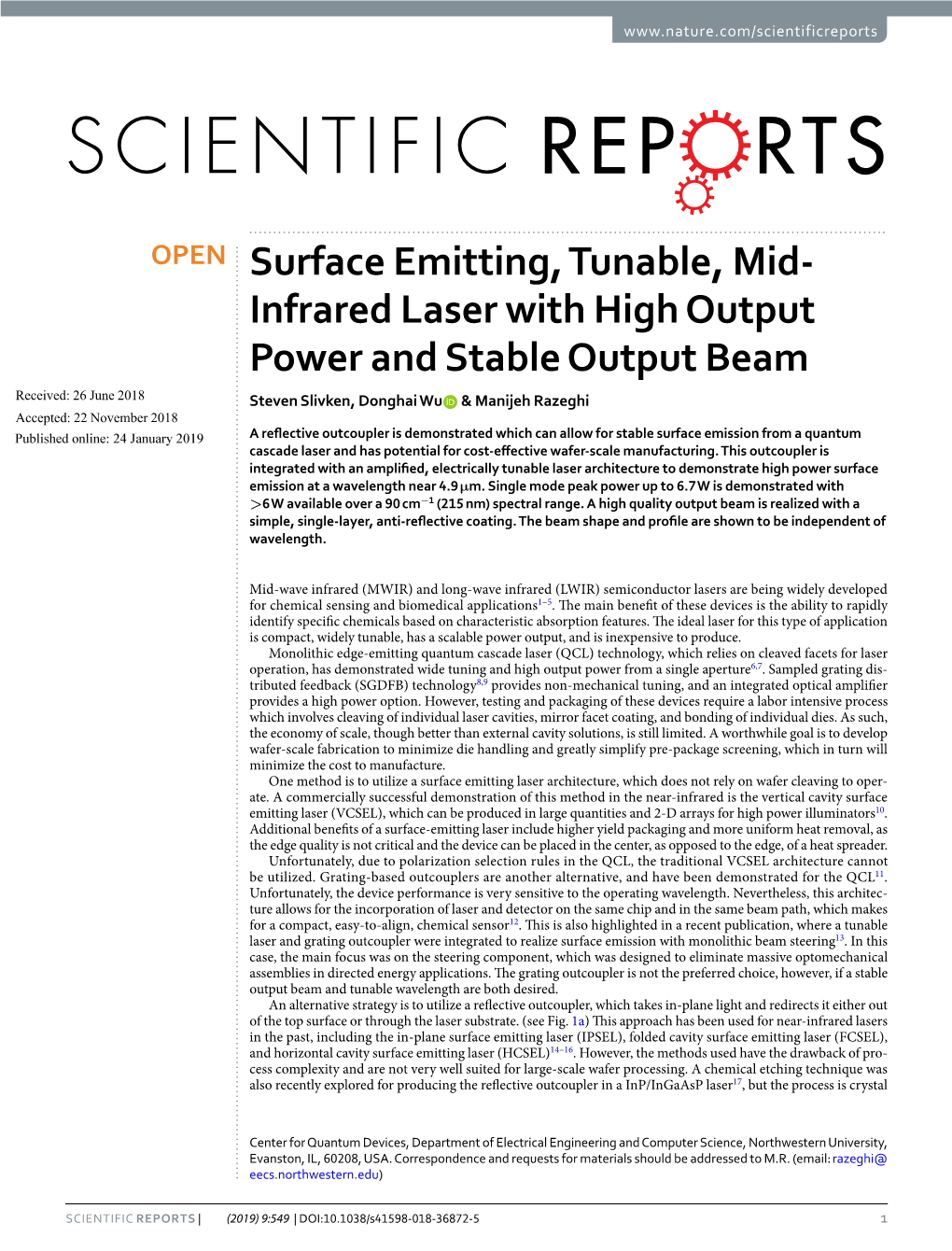 Surface Emitting, Tunable, Mid-Infrared Laser with High Output Power and Stable Output Beam