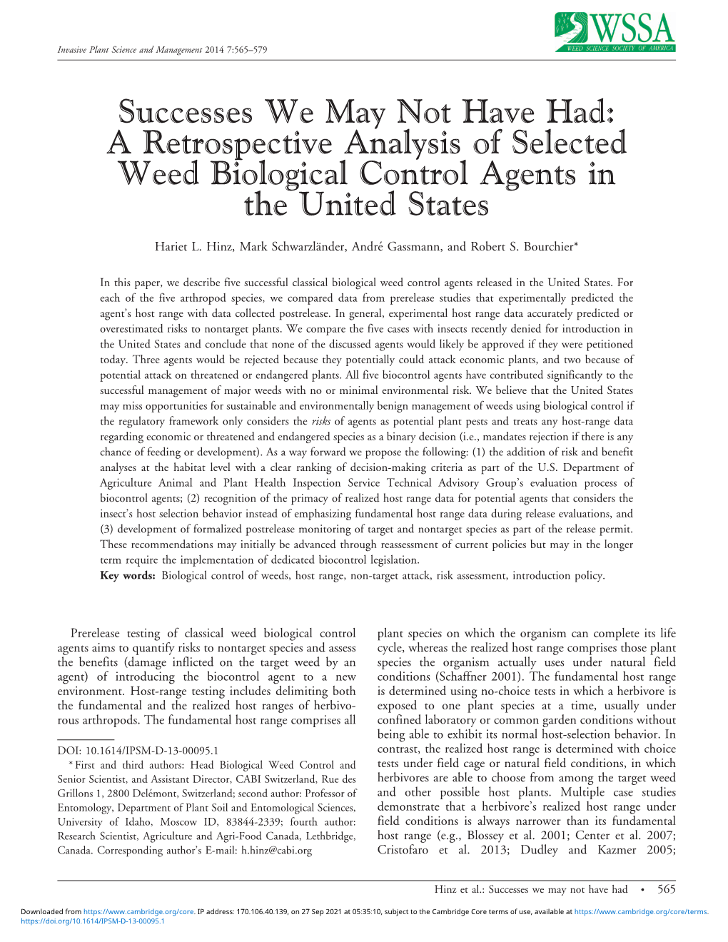 Successes We May Not Have Had: a Retrospective Analysis of Selected Weed Biological Control Agents in the United States