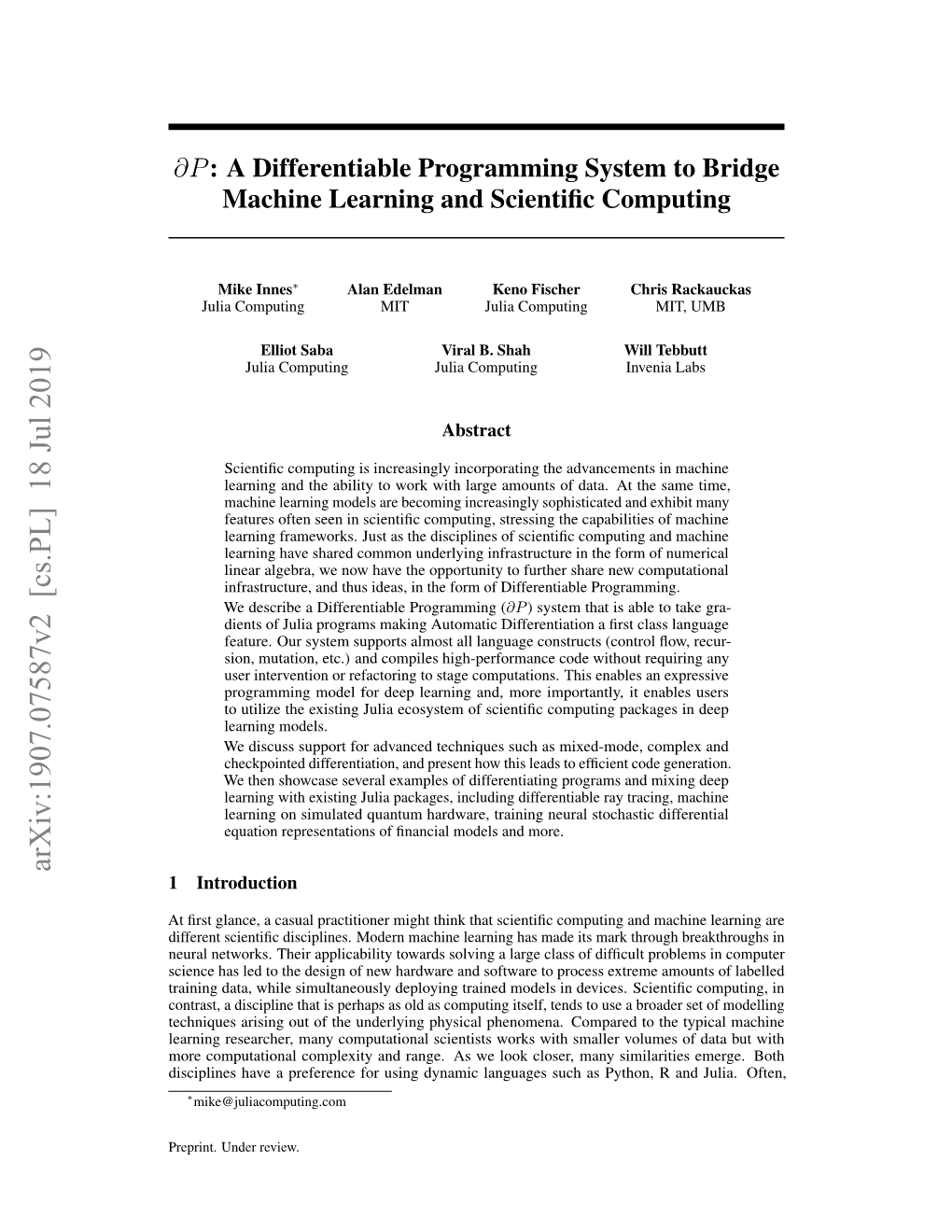 A Differentiable Programming System to Bridge Machine Learning and Scientiﬁc Computing