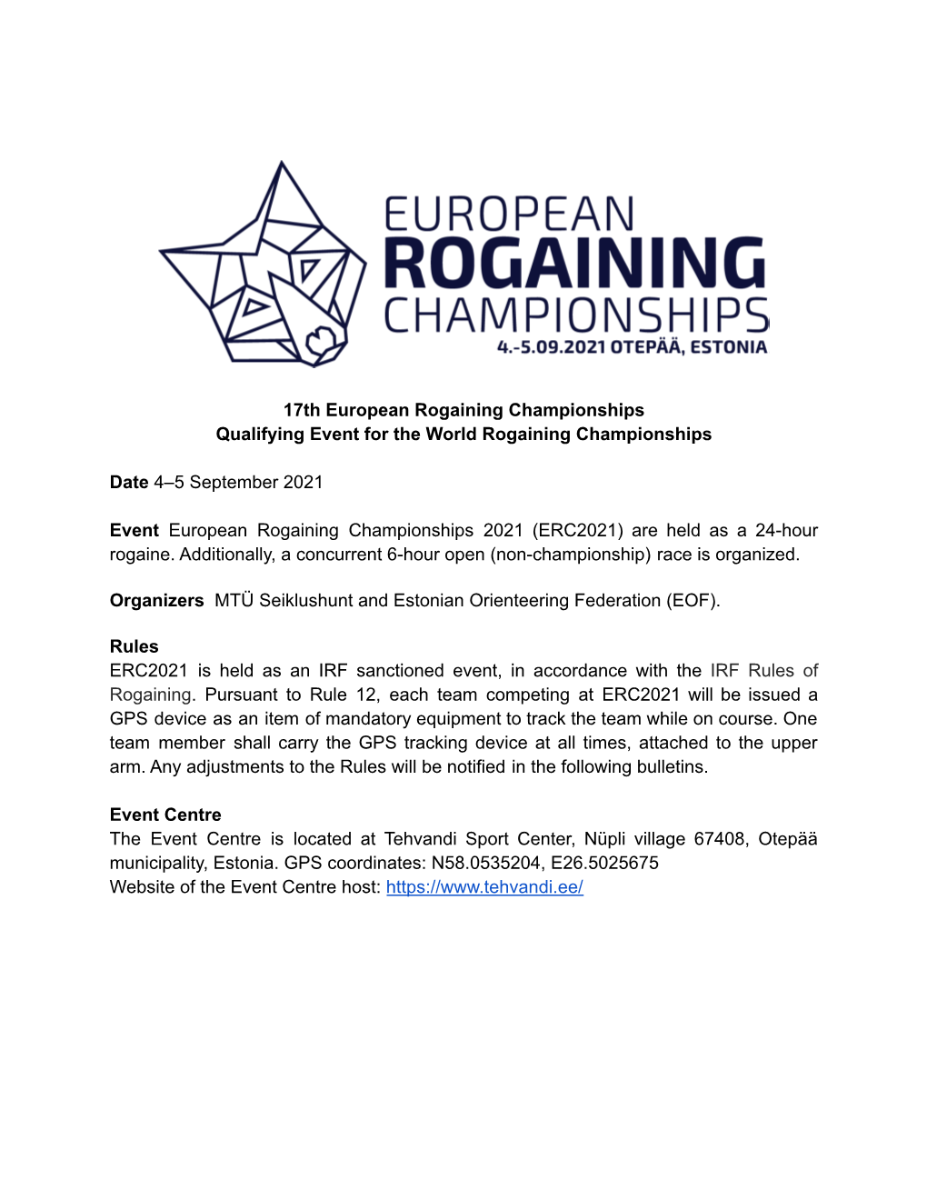 Bulletin1 -17Th European Rogaining Championships