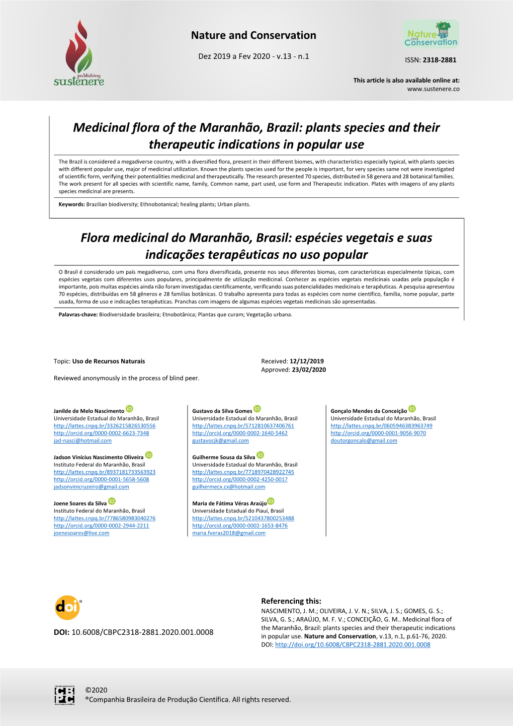 Plants Species and Their Therapeutic Indications in Popular Use Flora