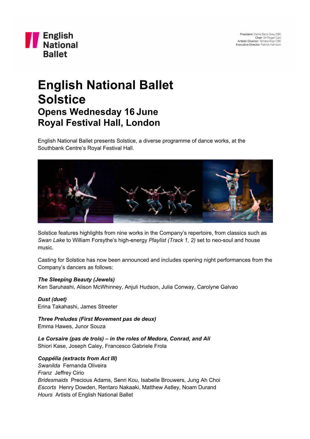 English National Ballet Solstice Southbank Centre’S Royal Festival Hall, London Wednesday 16 June - Saturday 26 June 2021