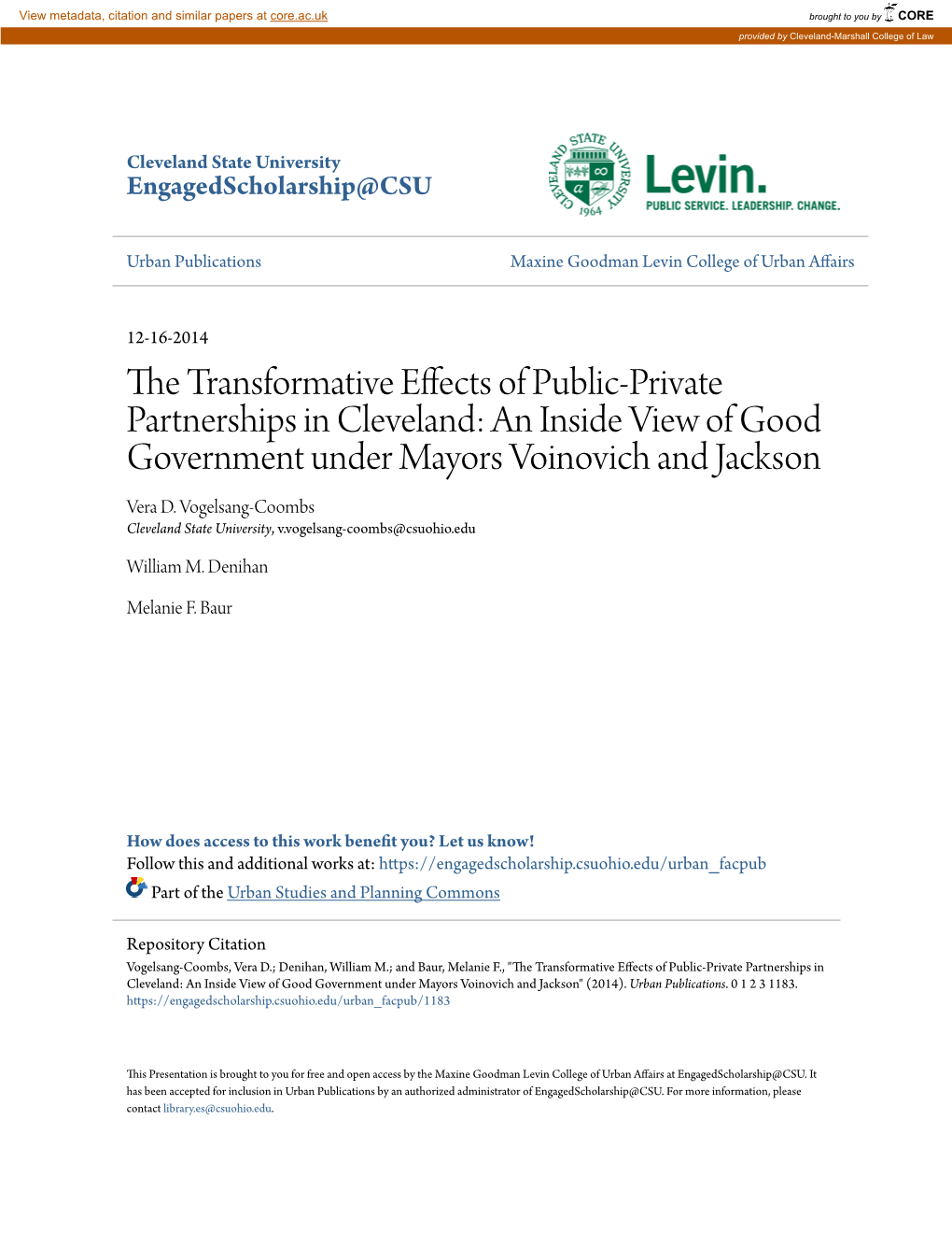 The Transformative Effects of Public-Private Partnerships in Cleveland: an Inside View of Good Government Under Mayors Voinovich