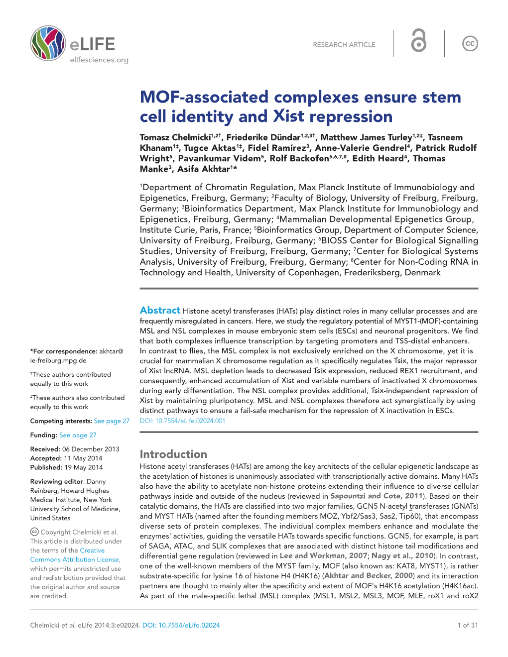 MOF-Associated Complexes Ensure Stem Cell Identity and Xist Repression