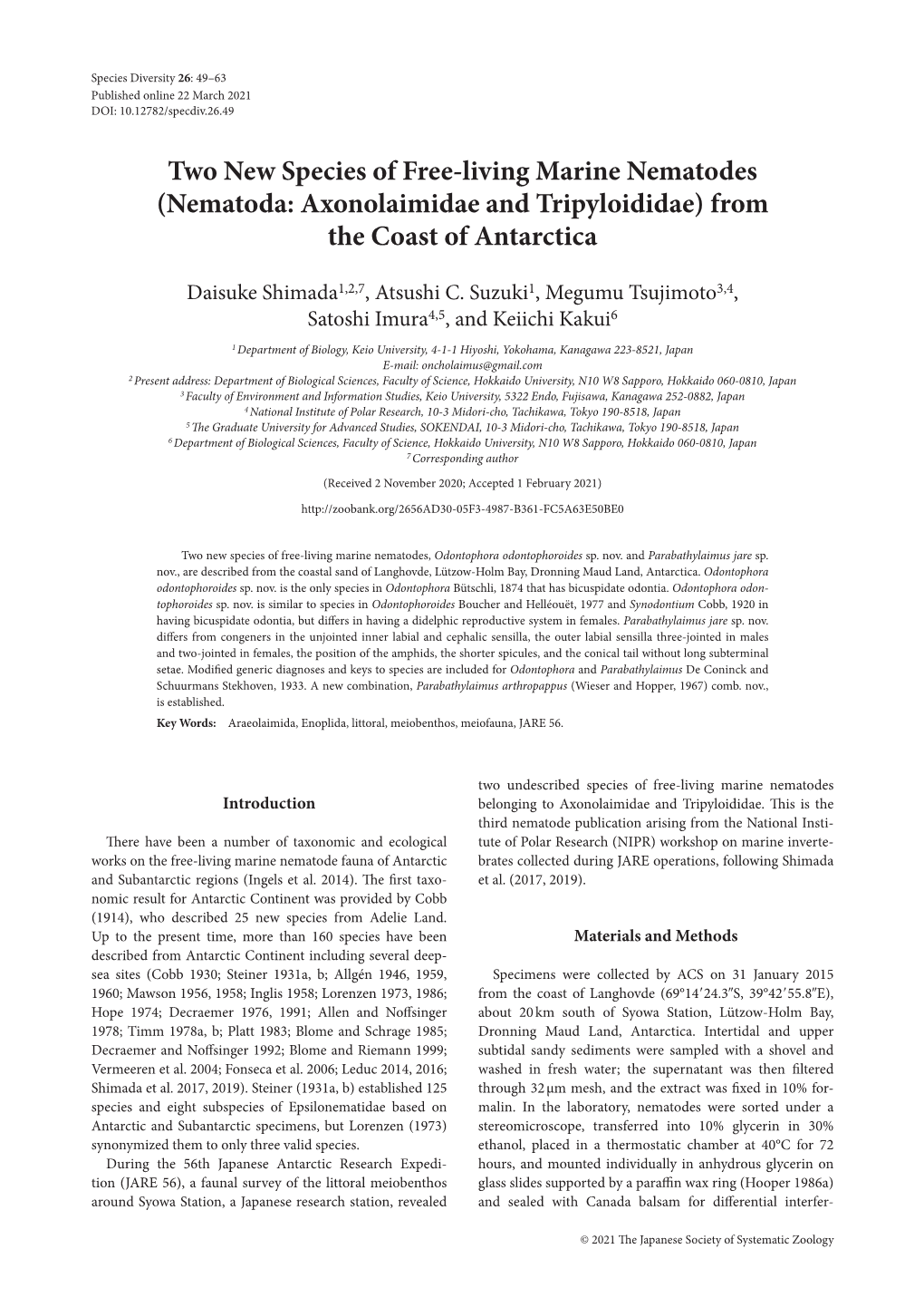 Two New Species of Free-Living Marine Nematodes (Nematoda: Axonolaimidae and Tripyloididae) from the Coast of Antarctica