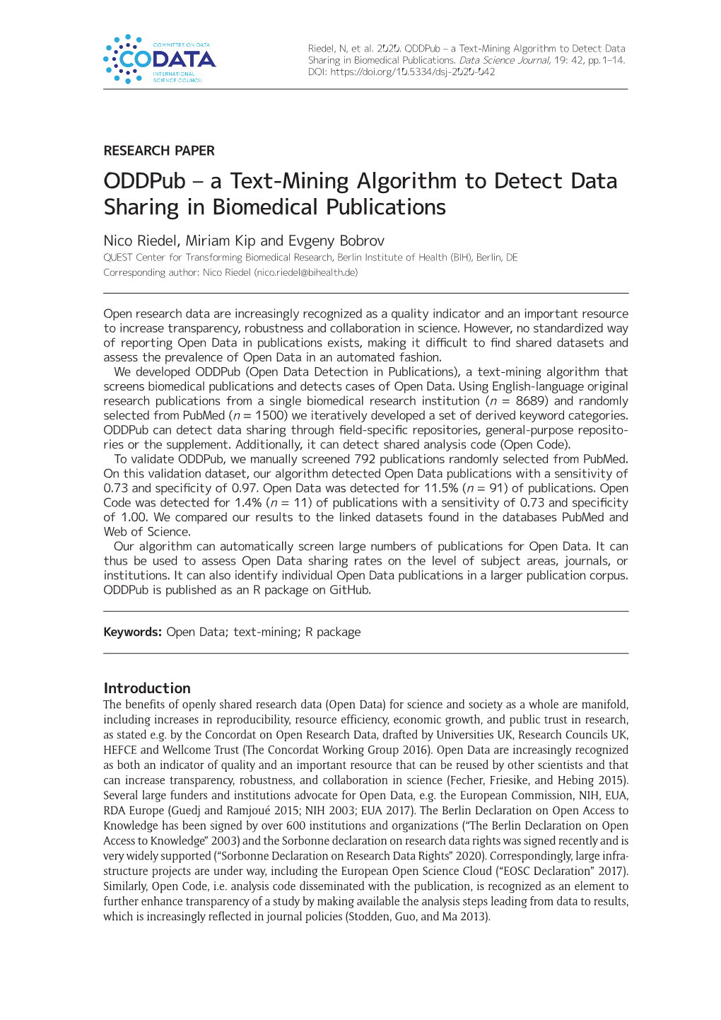 Oddpub – a Text-Mining Algorithm to Detect Data Sharing in Biomedical Publications