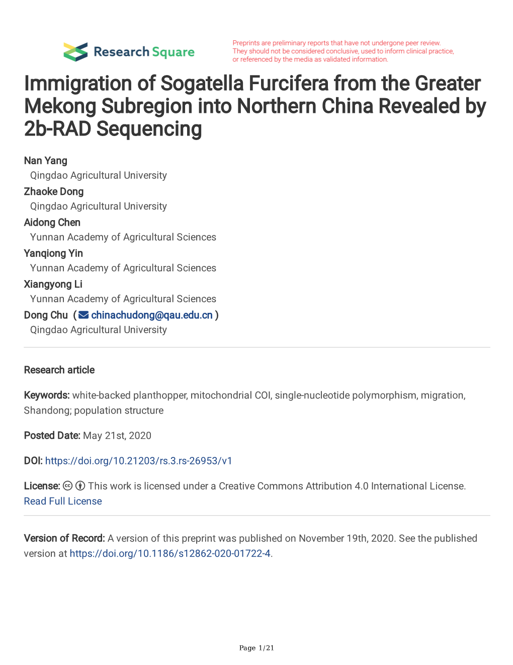 Immigration of Sogatella Furcifera from the Greater Mekong Subregion Into Northern China Revealed by 2B-RAD Sequencing