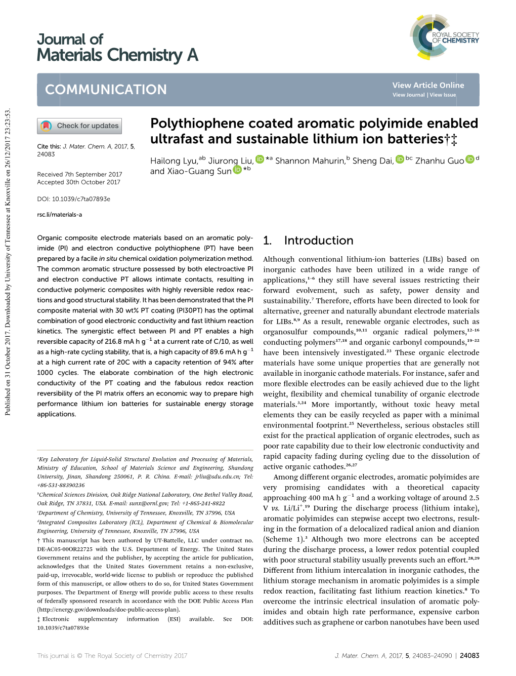 Polythiophene Coated Aromatic Polyimide Enabled Ultrafast and Sustainable Lithium Ion Batteries†‡ Cite This: J