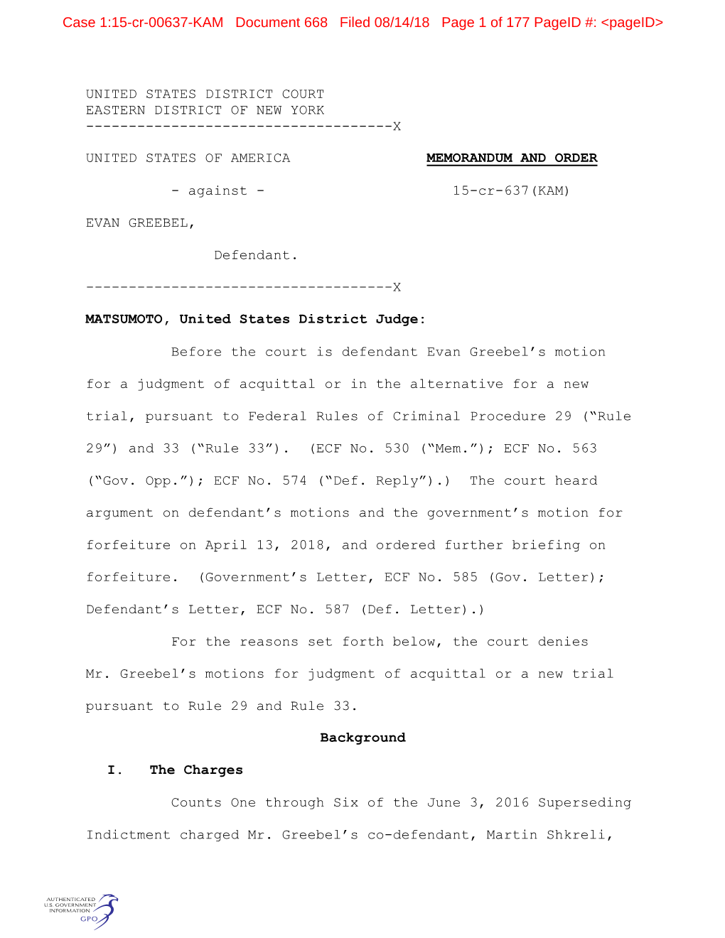 Case 1:15-Cr-00637-KAM Document 668 Filed 08/14/18 Page 1 of 177