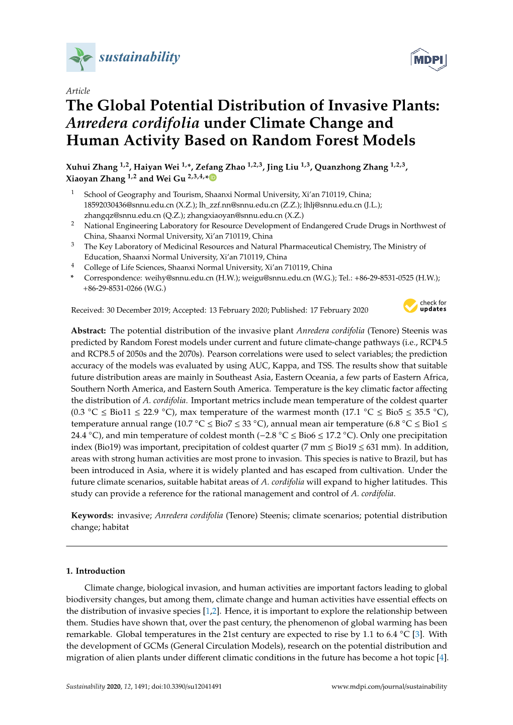 The Global Potential Distribution of Invasive Plants: Anredera Cordifolia Under Climate Change and Human Activity Based on Random Forest Models