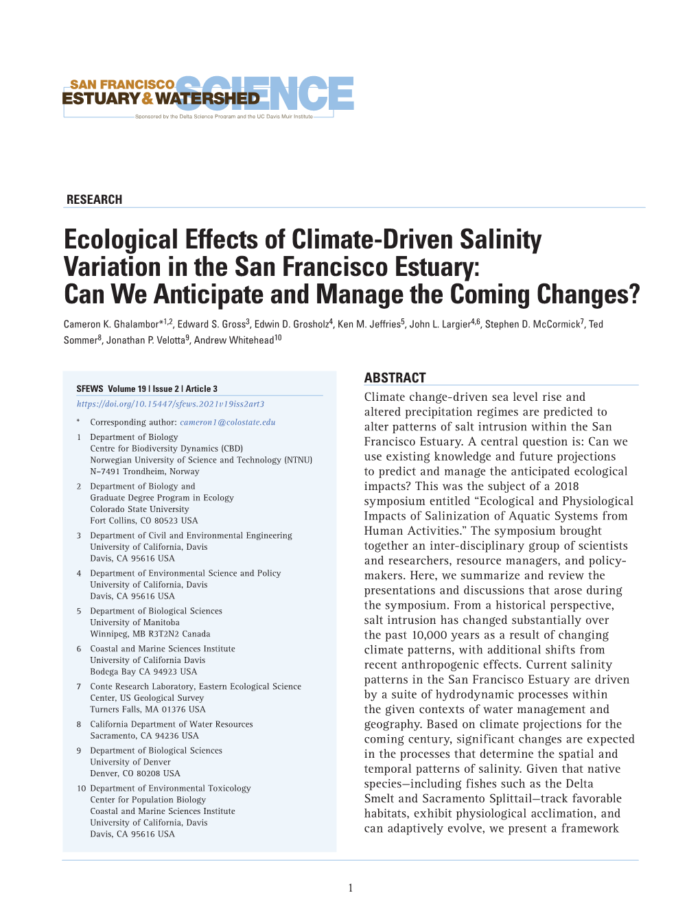 Ecological Effects of Climate-Driven Salinity Variation in the San Francisco Estuary: Can We Anticipate and Manage the Coming Changes? Cameron K