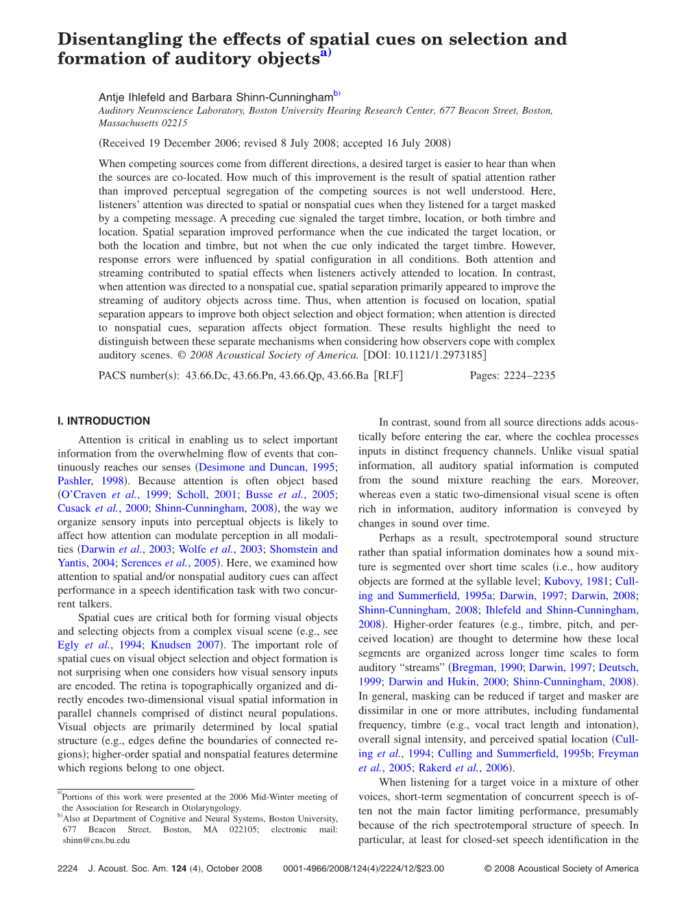 Disentangling the Effects of Spatial Cues on Selection and Formation of Auditory Objectsa)