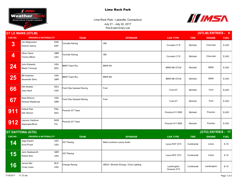 Gtlm) (Gtlm) Entries - 8 Car No