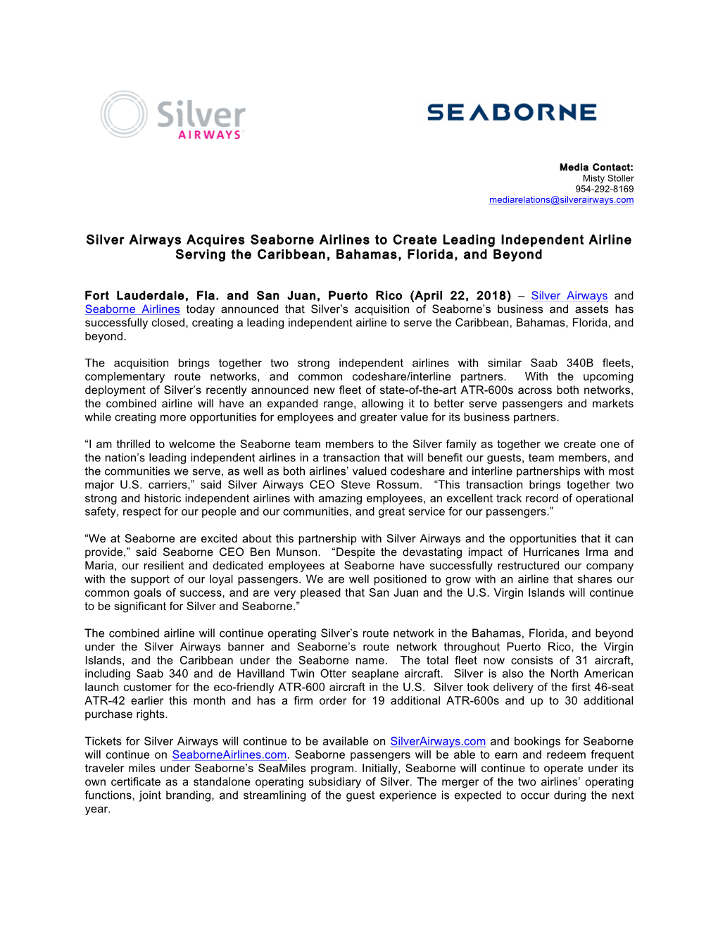 Silver Airways Acquires Seaborne Airlines to Create Leading Independent Airline Serving the Caribbean, Bahamas, Florida, and Beyond