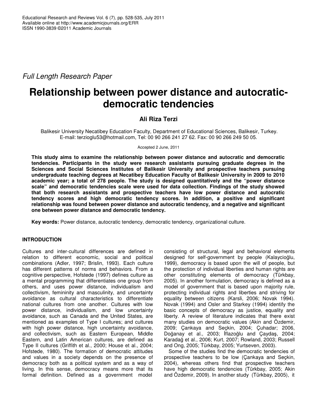 Relationship Between Power Distance and Autocratic- Democratic Tendencies
