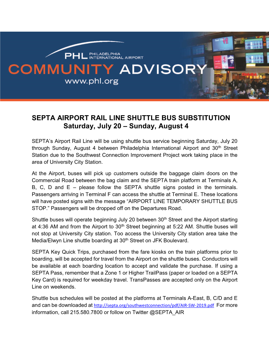 SEPTA AIRPORT RAIL LINE SHUTTLE BUS SUBSTITUTION Saturday, July 20 – Sunday, August 4