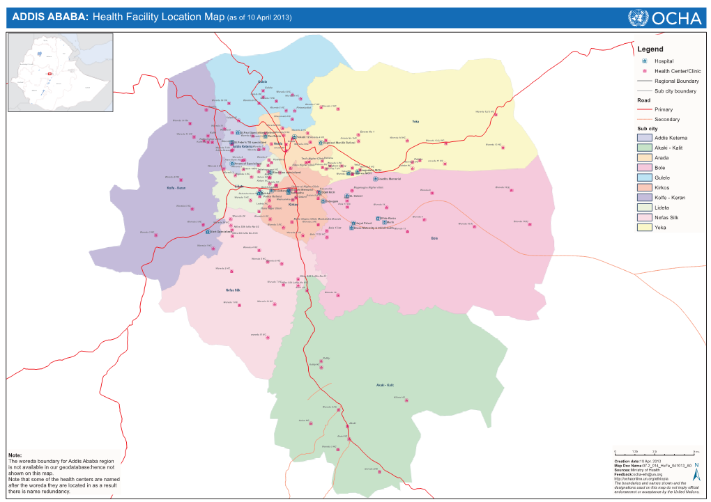 ADDIS ABABA: Health Facility Location Map (As of 10 April 2013)