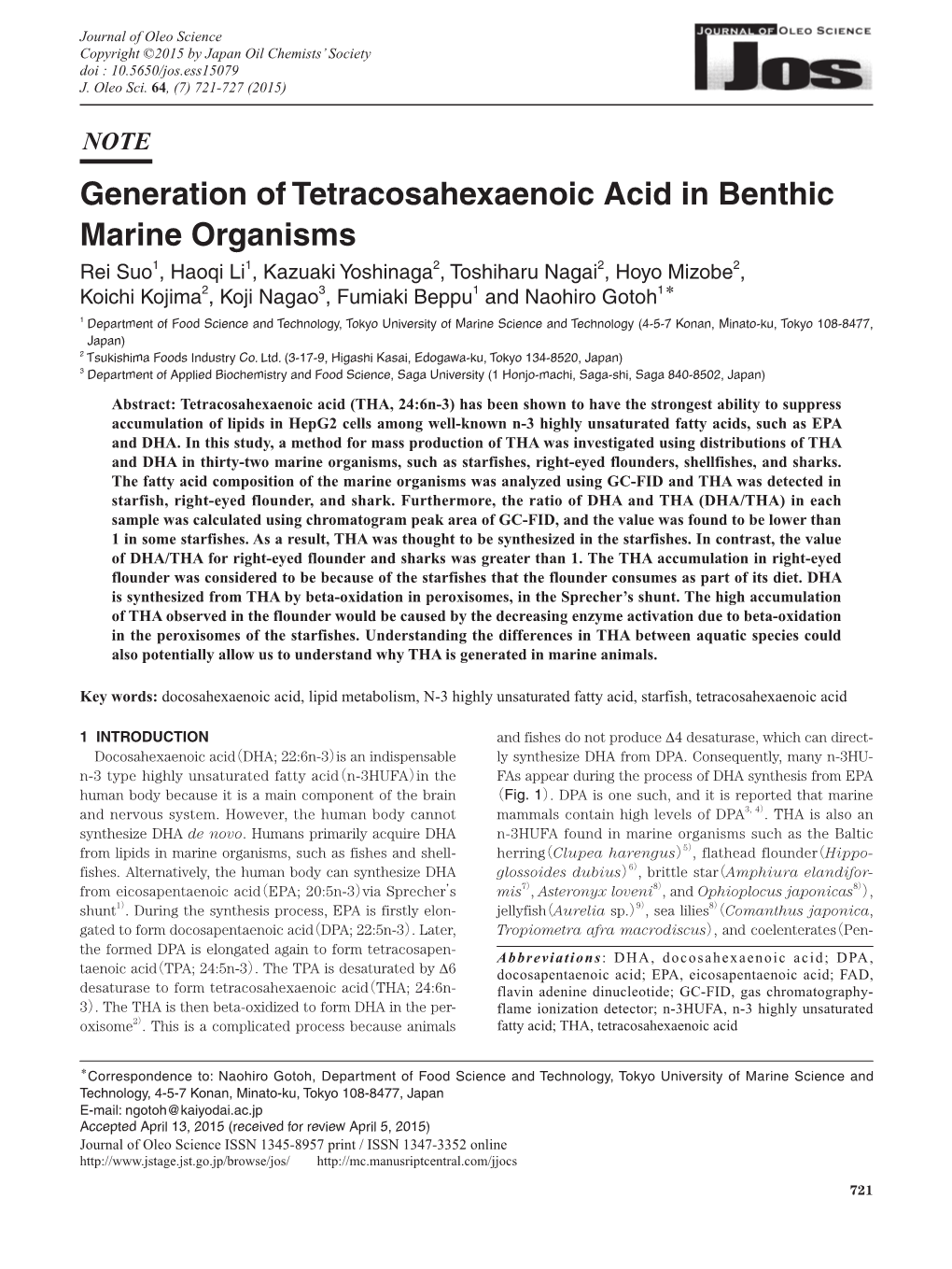 Generation of Tetracosahexaenoic Acid in Benthic Marine Organisms