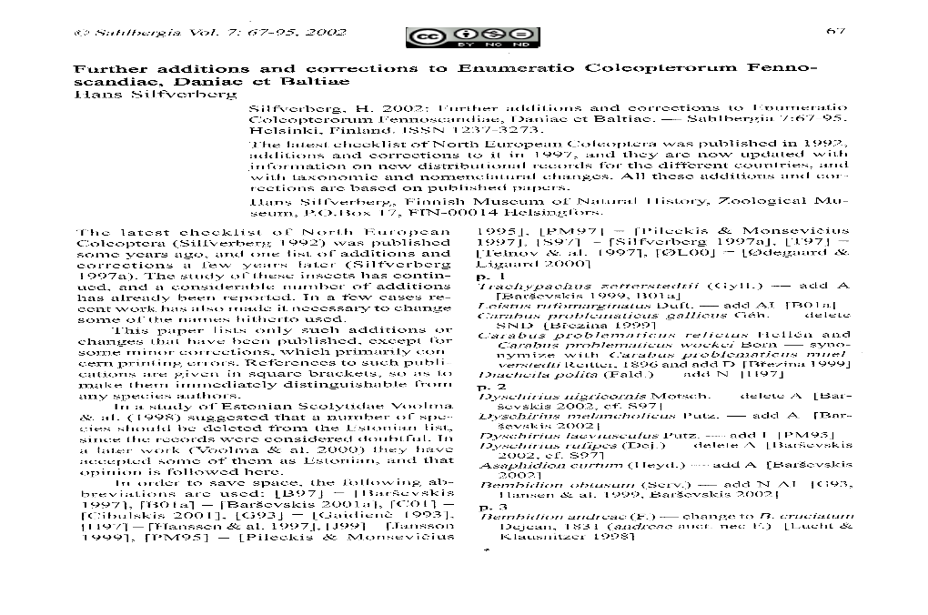 Further Additions and Corrections to Enumeratio Coleopterorum Fenno- Scandiae, Daniae Et Baltiae Hans Silfuerberg Silfrerberg, H
