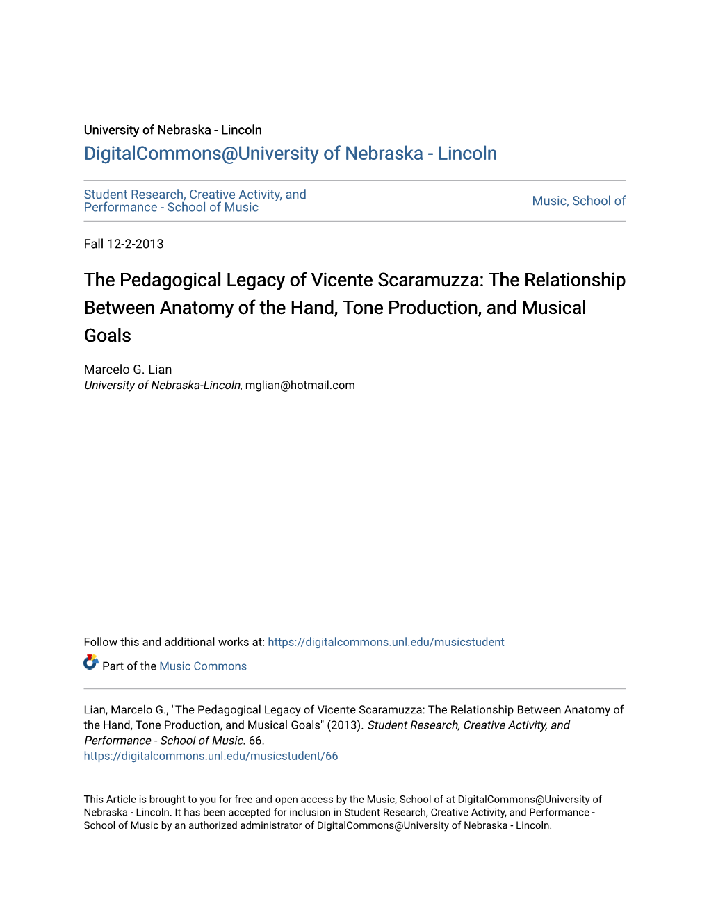 The Pedagogical Legacy of Vicente Scaramuzza: the Relationship Between Anatomy of the Hand, Tone Production, and Musical Goals