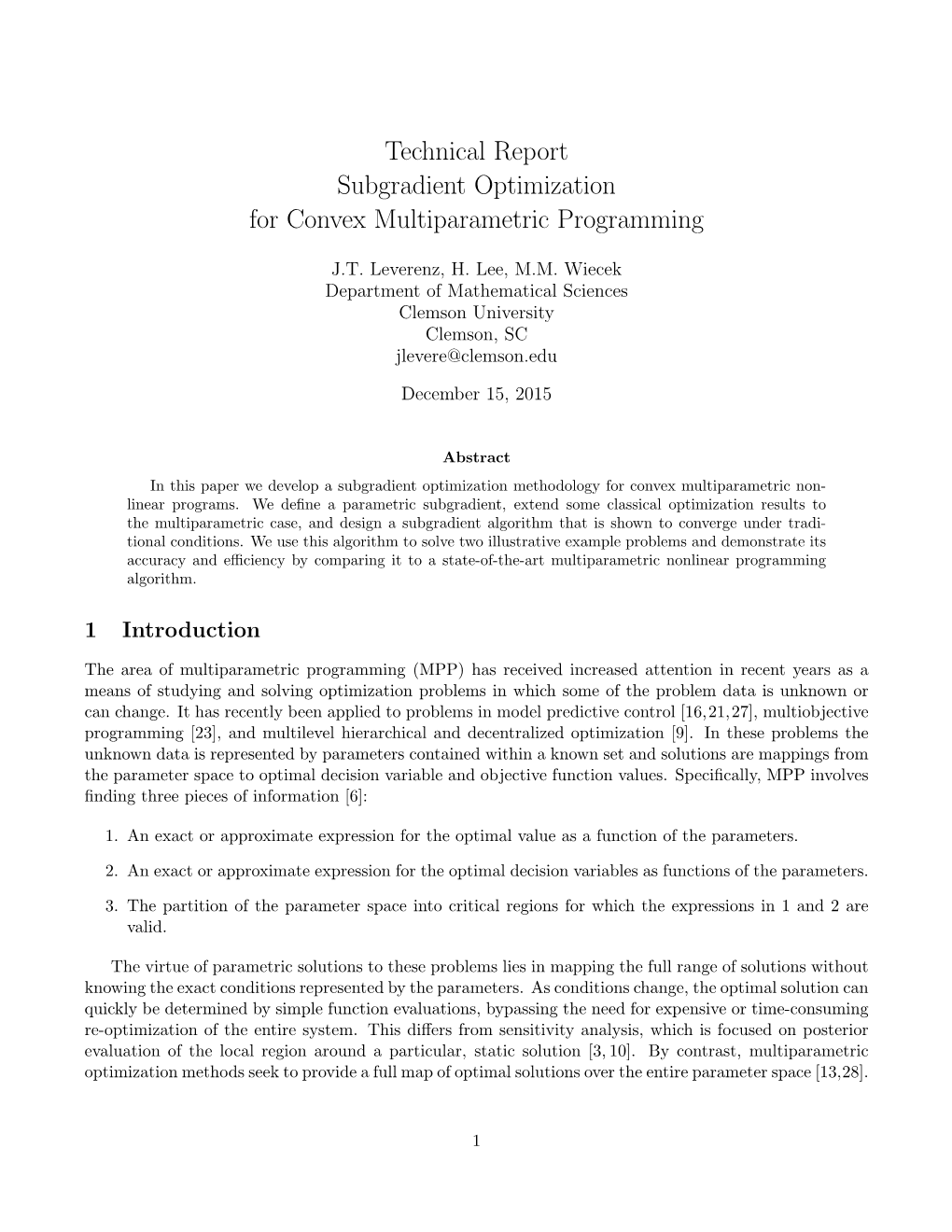 Technical Report Subgradient Optimization for Convex Multiparametric Programming