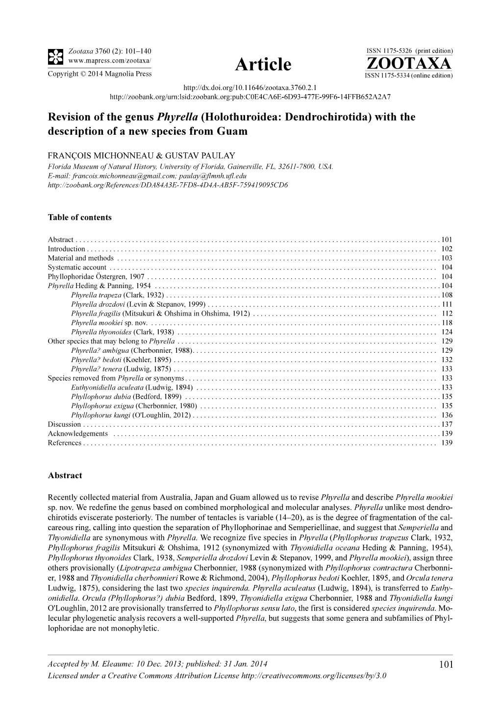 Revision of the Genus Phyrella (Holothuroidea: Dendrochirotida) with the Description of a New Species from Guam