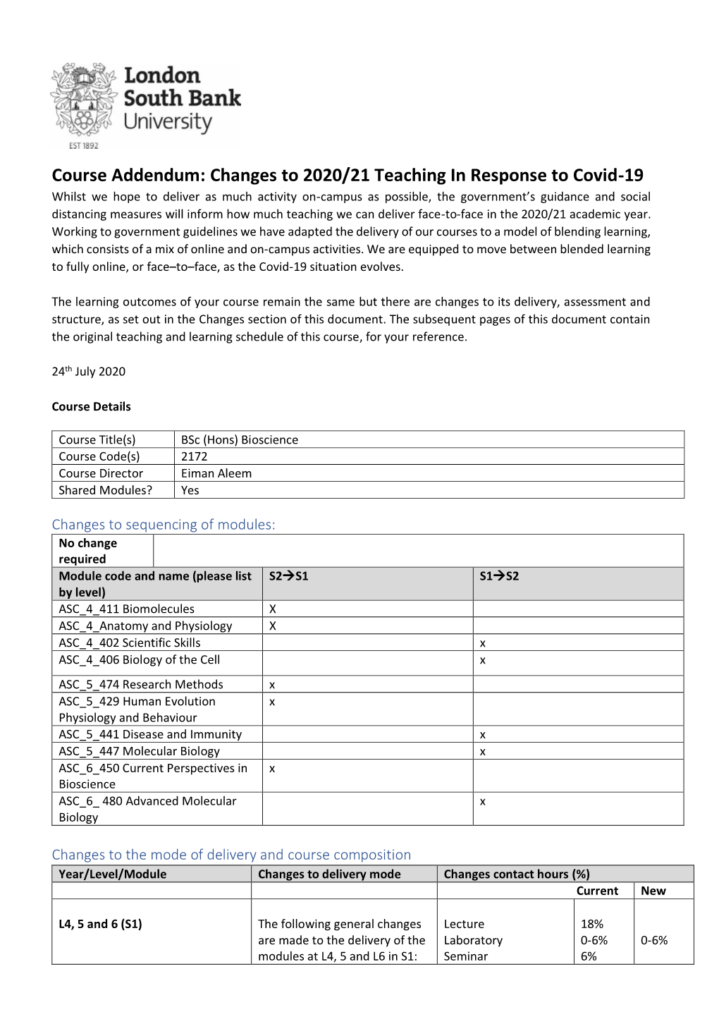 Bsc Hons Bioscience FT 2019-2020