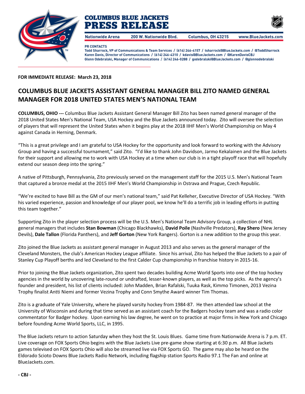 Columbus Blue Jackets Assistant General Manager Bill Zito Named General Manager for 2018 United States Men’S National Team