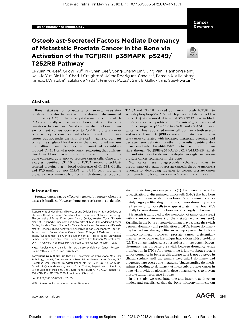 Osteoblast-Secreted Factors Mediate Dormancy of Metastatic Prostate Cancer in the Bone Via Activation of the Tgfbriii–P38mapk