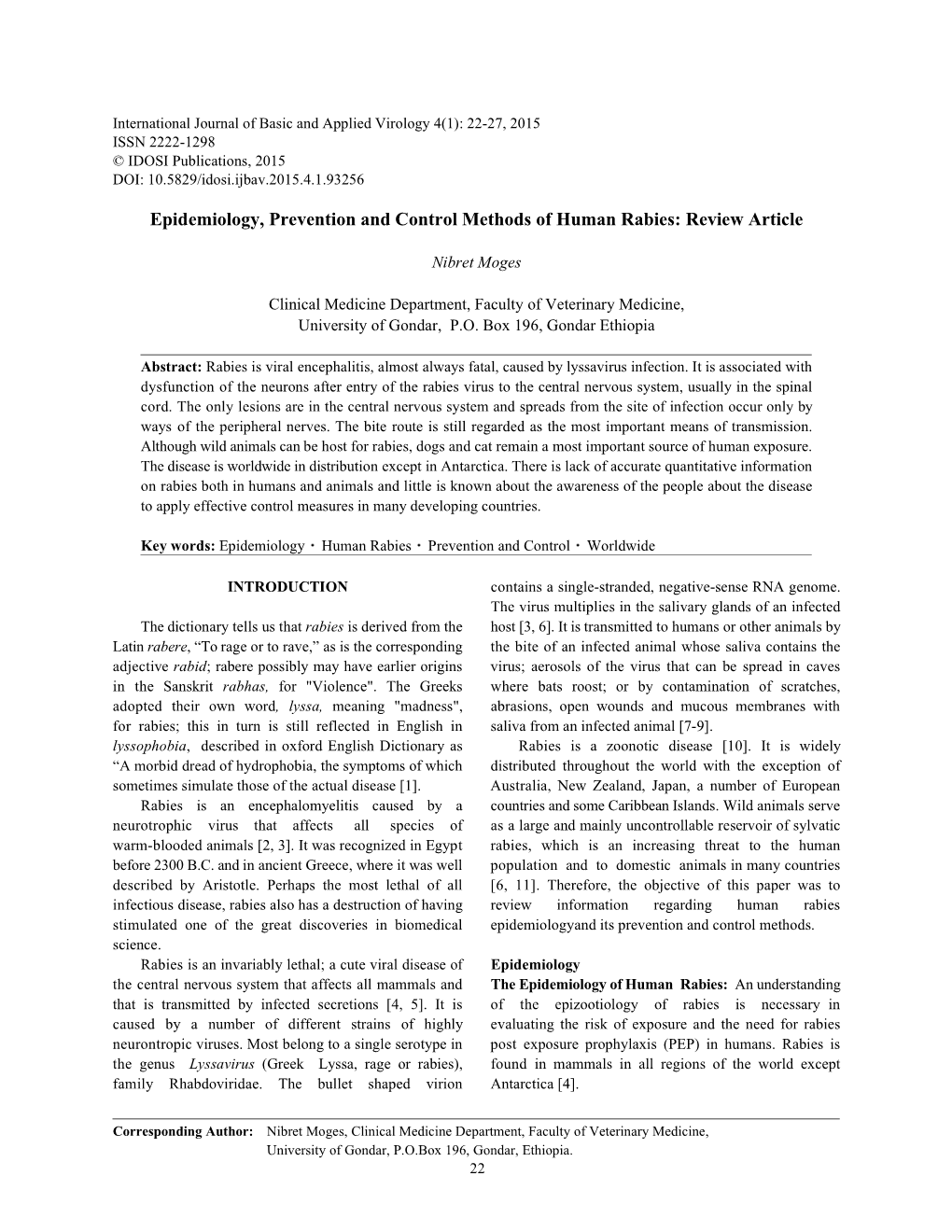 Epidemiology, Prevention and Control Methods of Human Rabies: Review Article