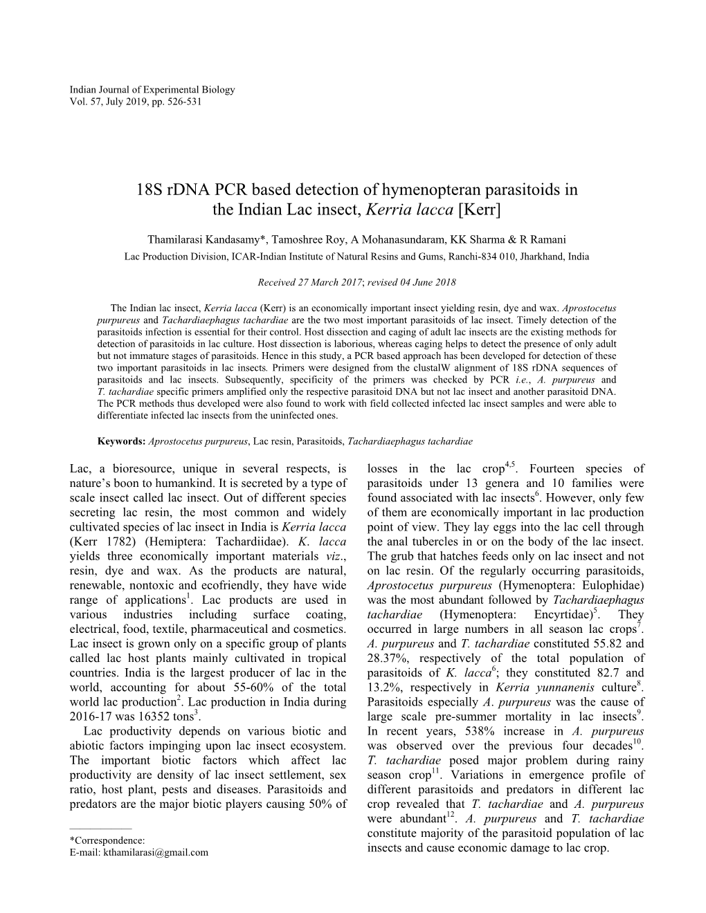 18S Rdna PCR Based Detection of Hymenopteran Parasitoids in the Indian Lac Insect, Kerria Lacca [Kerr]