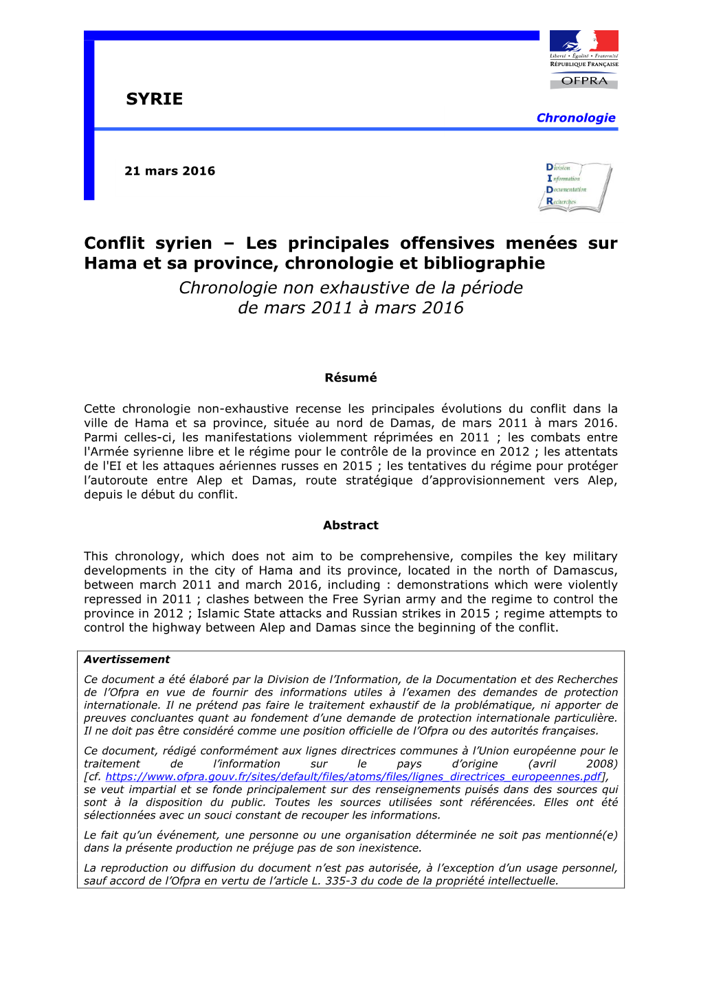 DIDR, Syrie : Chronologie Du Conflit Dans La Province Et La Ville De Hama De Mars 2011