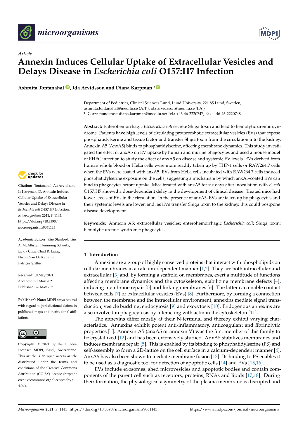 Annexin Induces Cellular Uptake of Extracellular Vesicles and Delays Disease in Escherichia Coli O157:H7 Infection