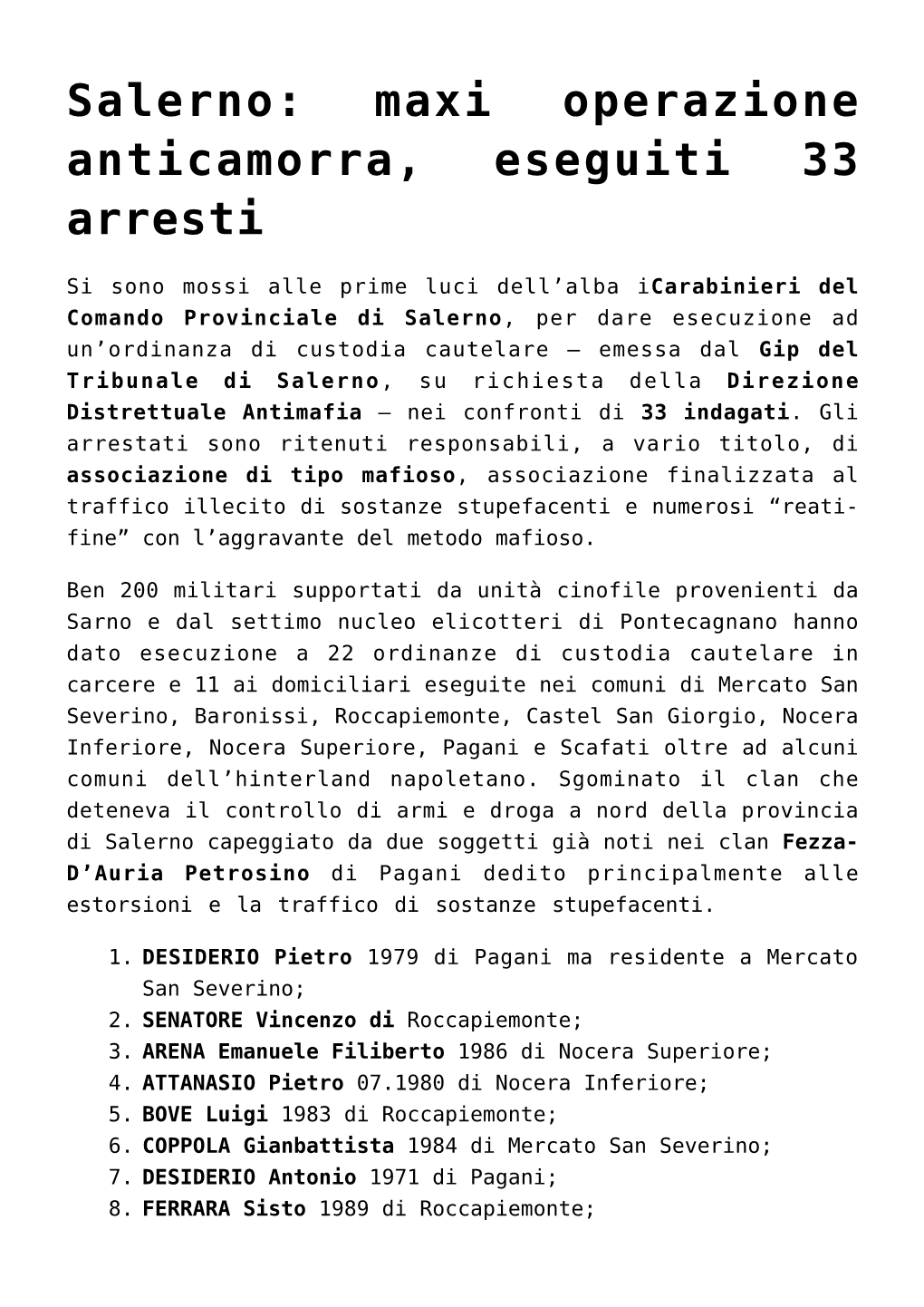 Salerno: Maxi Operazione Anticamorra, Eseguiti 33 Arresti