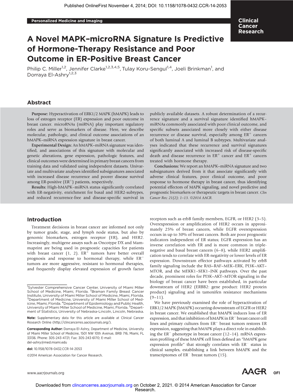 A Novel MAPK–Microrna Signature Is Predictive of Hormone-Therapy Resistance and Poor Outcome in ER-Positive Breast Cancer Philip C