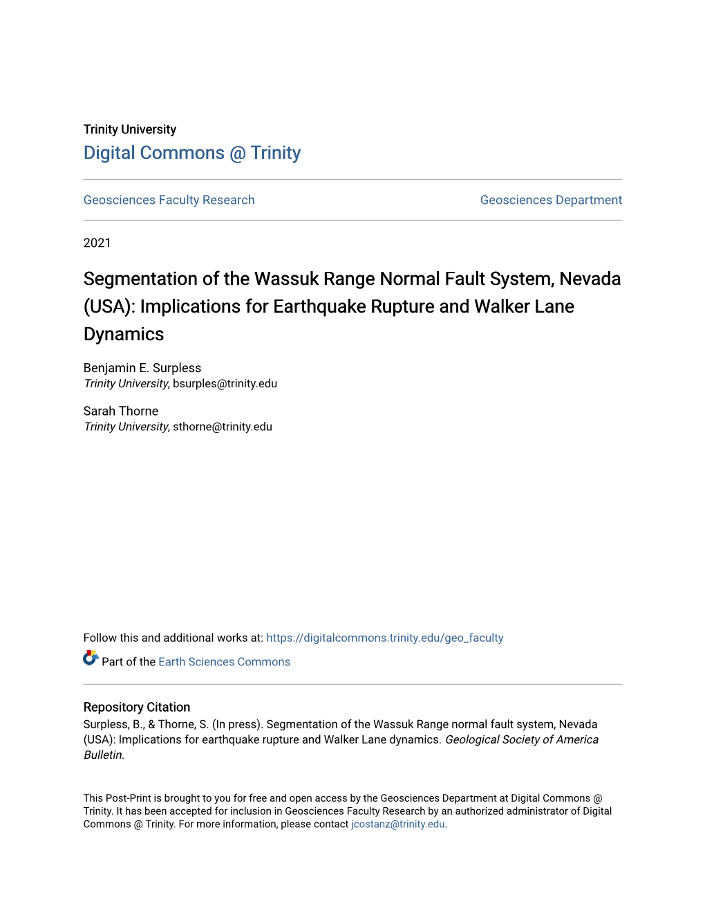 Segmentation of the Wassuk Range Normal Fault System, Nevada (USA): Implications for Earthquake Rupture and Walker Lane Dynamics