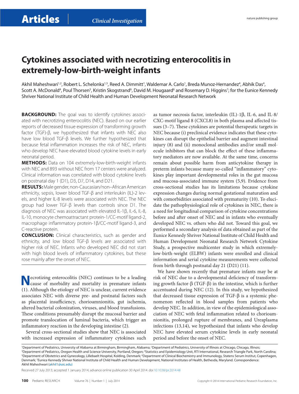 Cytokines Associated with Necrotizing Enterocolitis in Extremely-Low-Birth-Weight Infants
