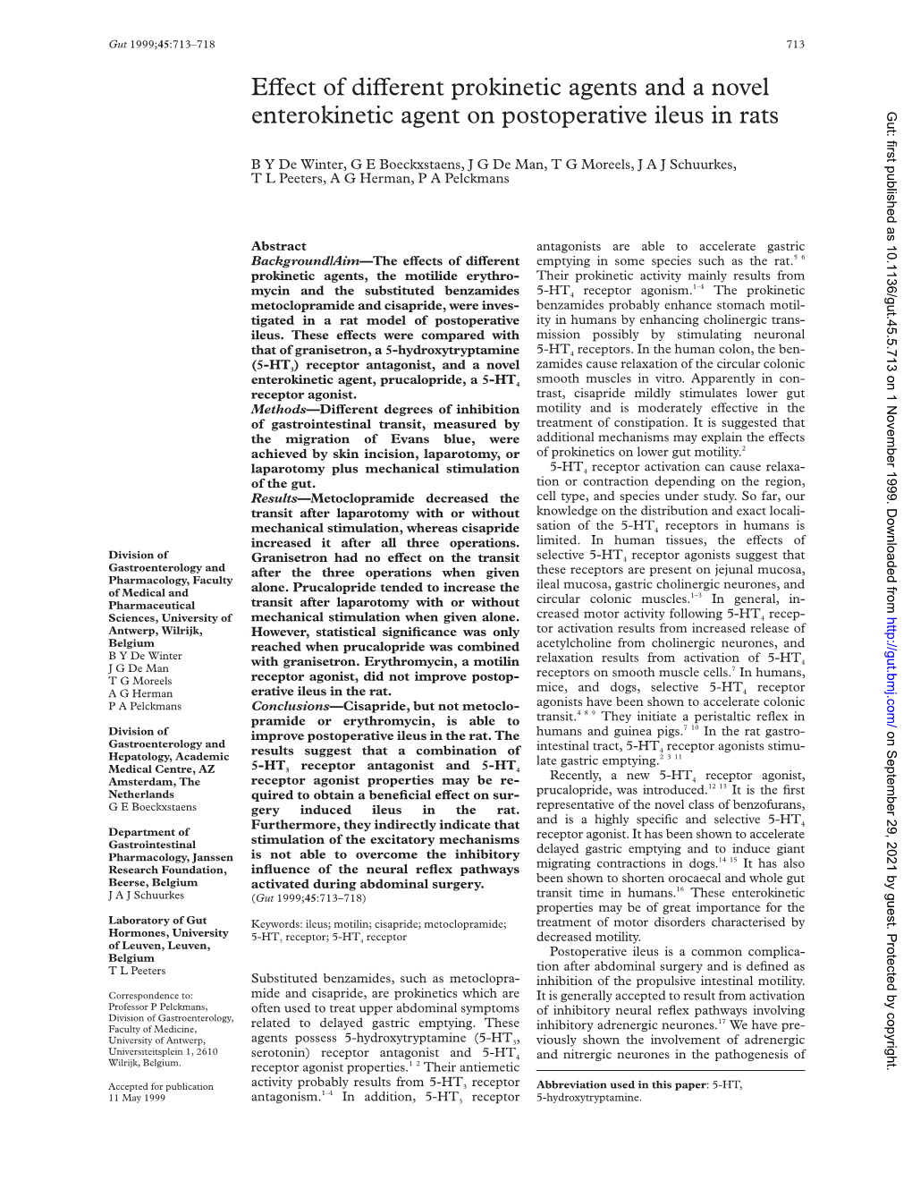 Evect of Diverent Prokinetic Agents and a Novel Enterokinetic Agent on Postoperative Ileus in Rats Gut: First Published As 10.1136/Gut.45.5.713 on 1 November 1999