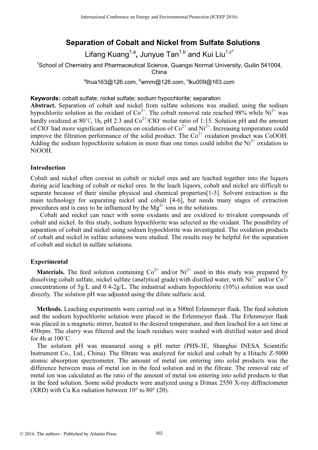 Separation of Cobalt and Nickel from Sulfate Solutions Lifang Kuang