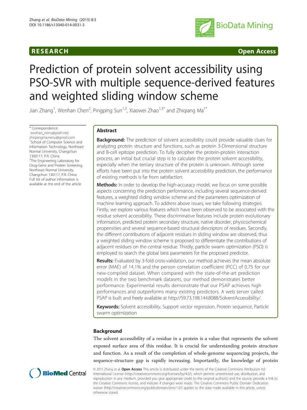 Prediction of Protein Solvent Accessibility Using PSO-SVR With