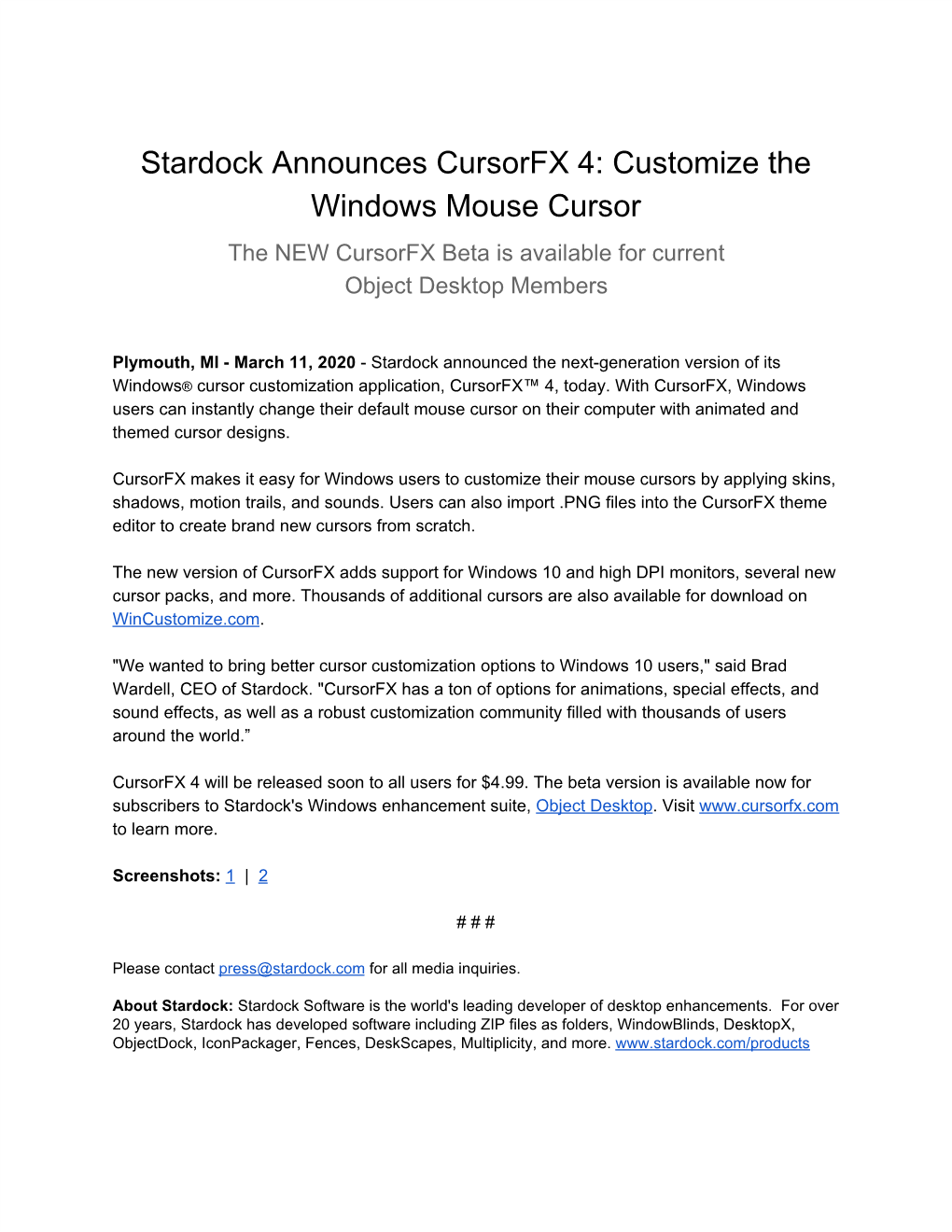 Stardock Announces Cursorfx 4: Customize the Windows Mouse Cursor the NEW Cursorfx Beta Is Available for Current Object Desktop Members