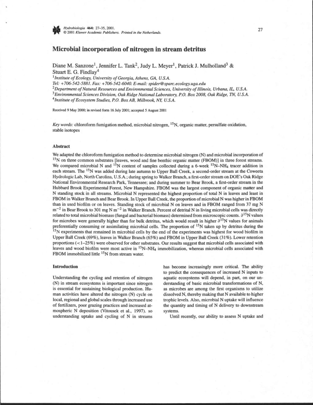 Microbial Incorporation of Nitrogen in Stream Detritus